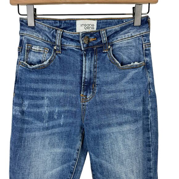 Insane Gene Medium Wash High Rise Distressed Frayed Hem Flare Jeans - Picture 3 of 10